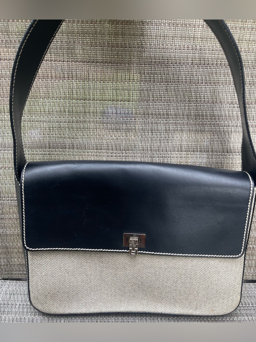 LAMBERTSON TRUEX Red Leather & Natural Canvas Box Shoulder Bag Made In Italy